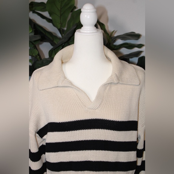 Joe's Black and Cream Striped Knit Collared Sweater - Size S - Picture 4 of 8
